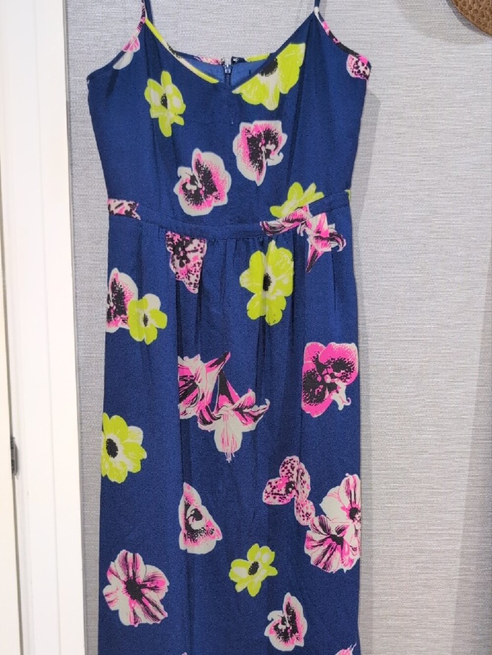 J. Crew Navy Floral Spaghetti-Strap Dress with Pink and Yellow Blooms
